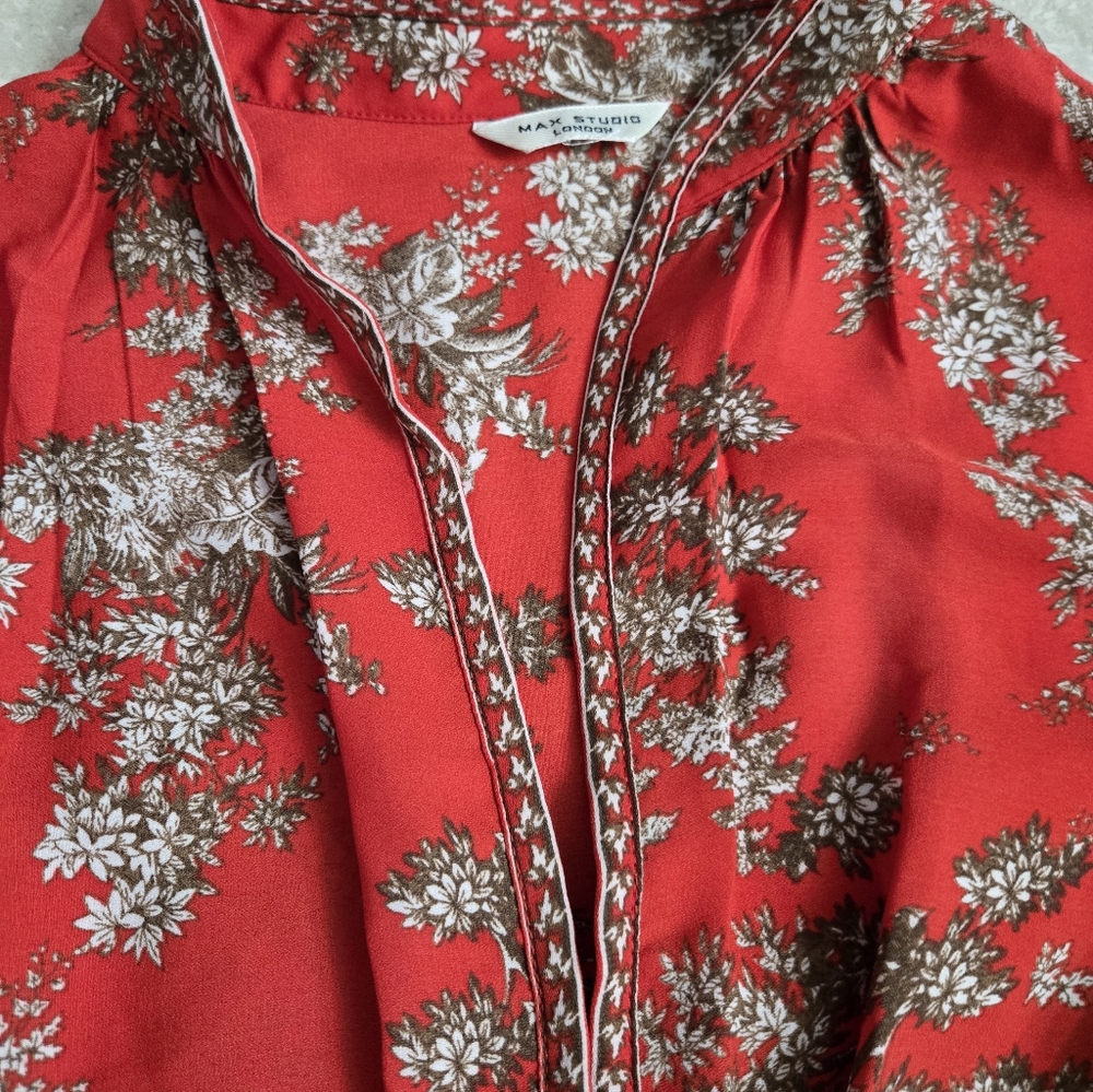 Max Studio London Crepe Smocked Ruffle Tiered Long Red Summer Dress Small? - Picture 2 of 9
